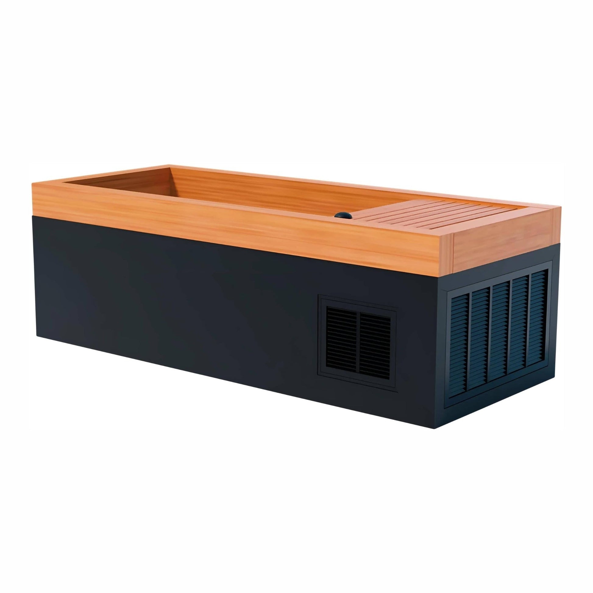 A modern rectangular hot tub with a wooden top and a black base, featuring ventilation grilles on the side.