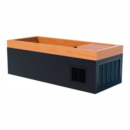 A modern rectangular hot tub with a wooden top and a black base, featuring ventilation grilles on the side.