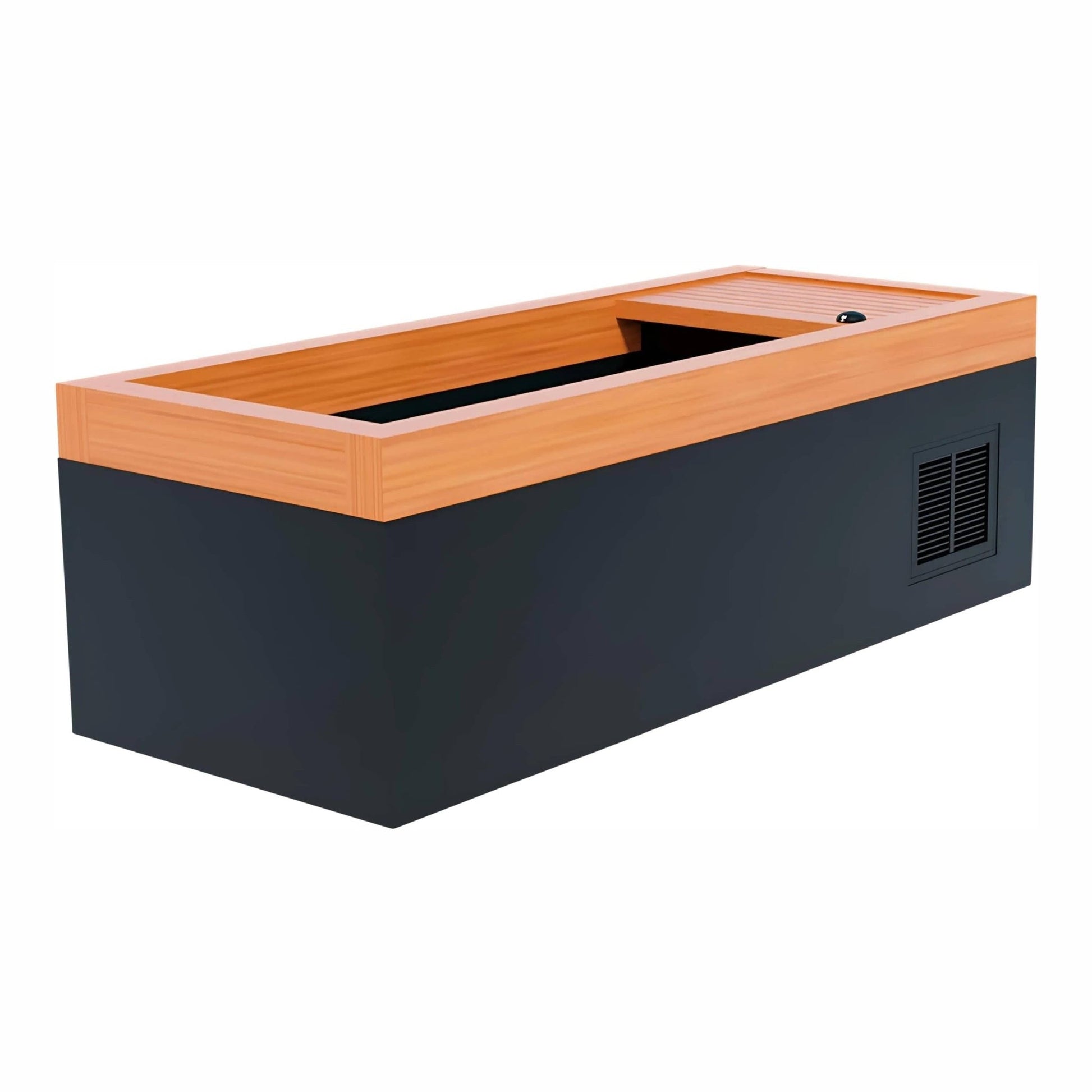 A sleek, modern hot tub with a wooden top and a black base, featuring a ventilation grille on the side.
