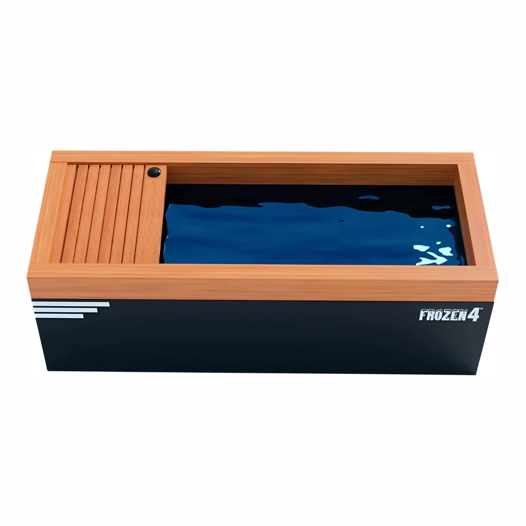 A rectangular toy water playset featuring a wooden lid and a deep blue water area, branded with Frozen 4 on one side.