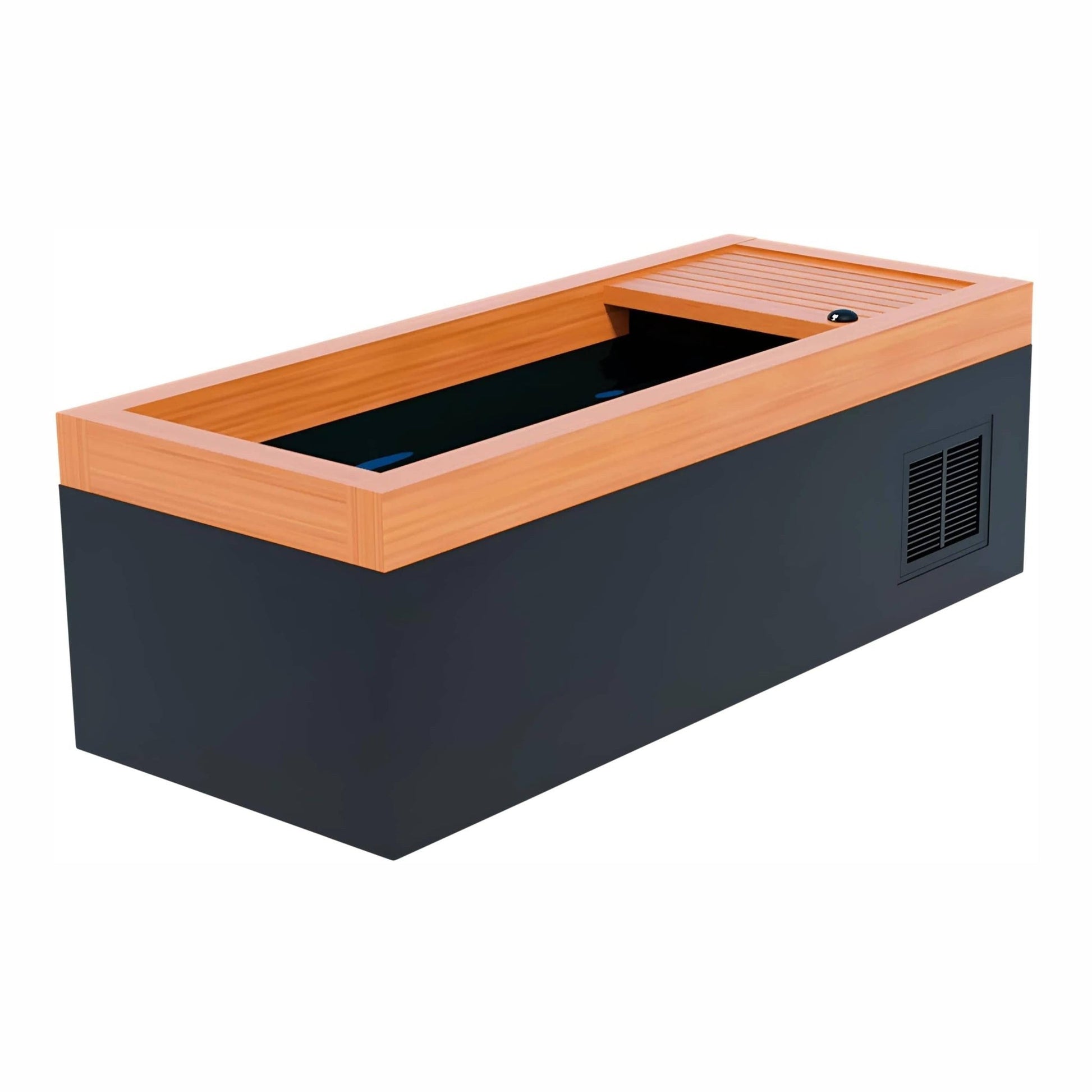 A modern rectangular hot tub featuring a sleek black body and a wooden top edge, designed for relaxation and outdoor enjoyment.