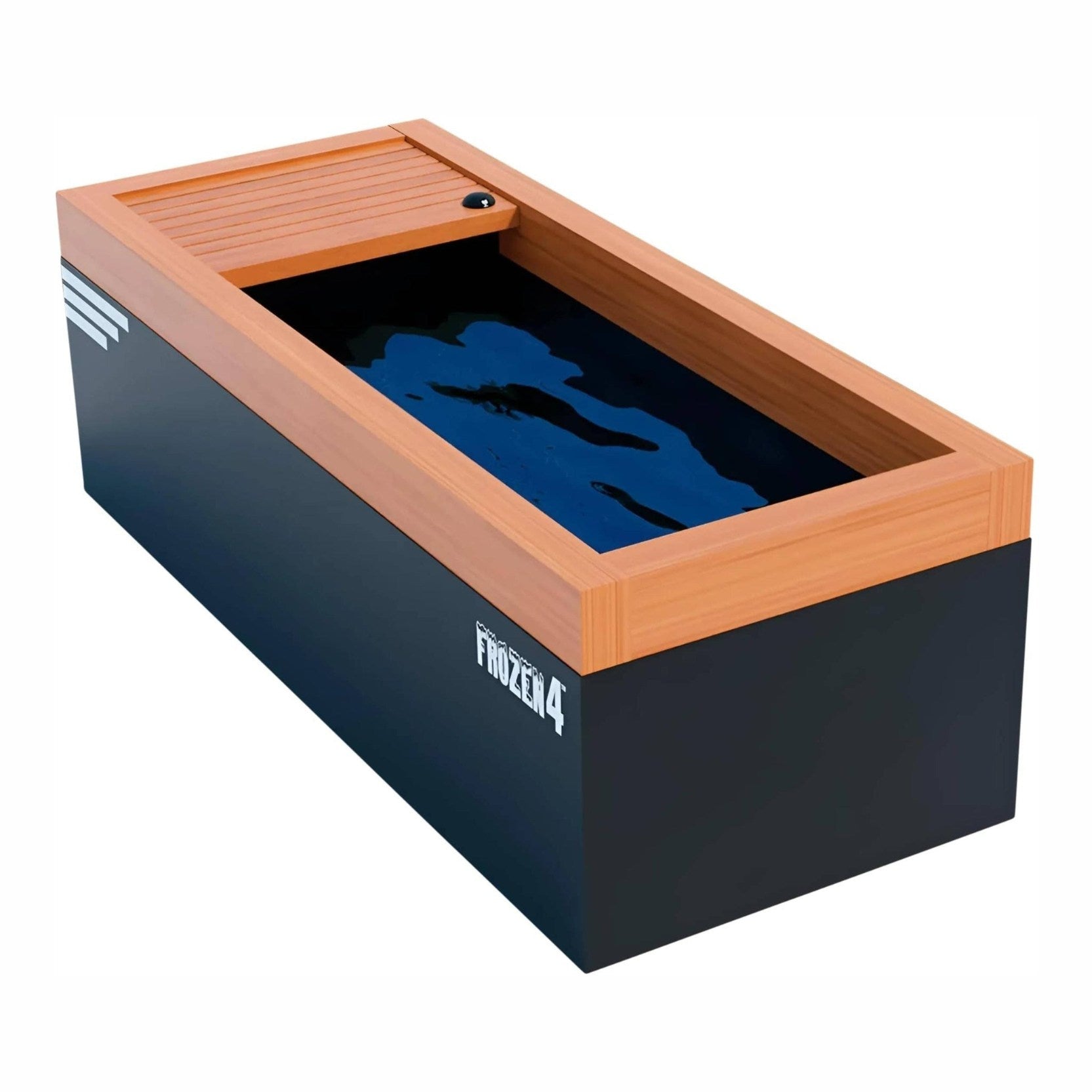 A rectangular black and wooden hot tub with a wooden lid, featuring a dark water surface inside, labeled with 'FROZEN 4'.