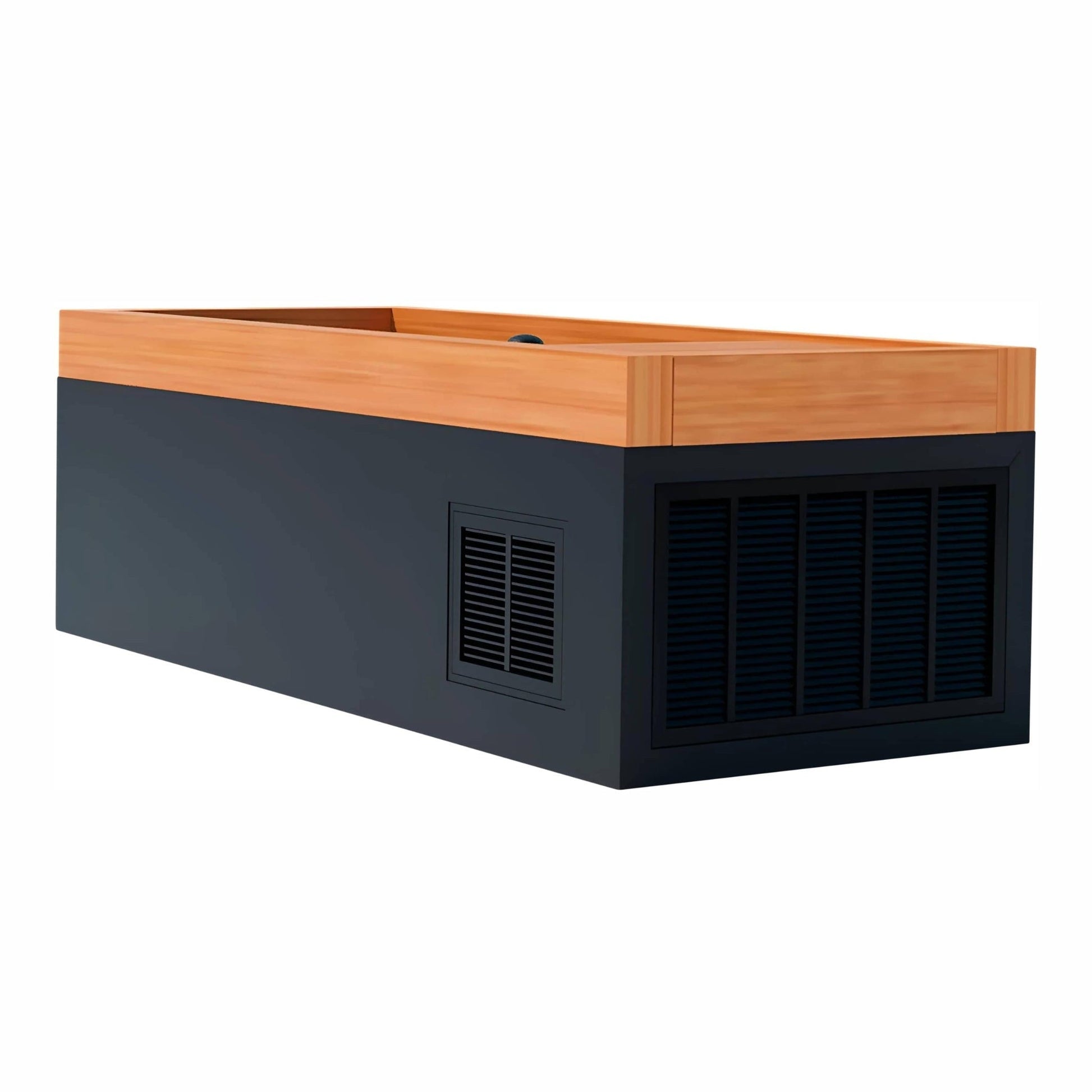 A modern hot tub with a sleek black base and a wooden top edge, featuring ventilation grilles on the side.