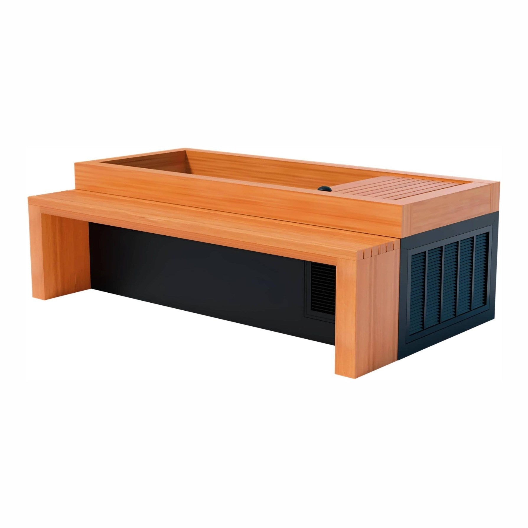 A modern wooden coffee table with a rectangular design, featuring a light wood finish on top and a sleek black base with ventilation slots.