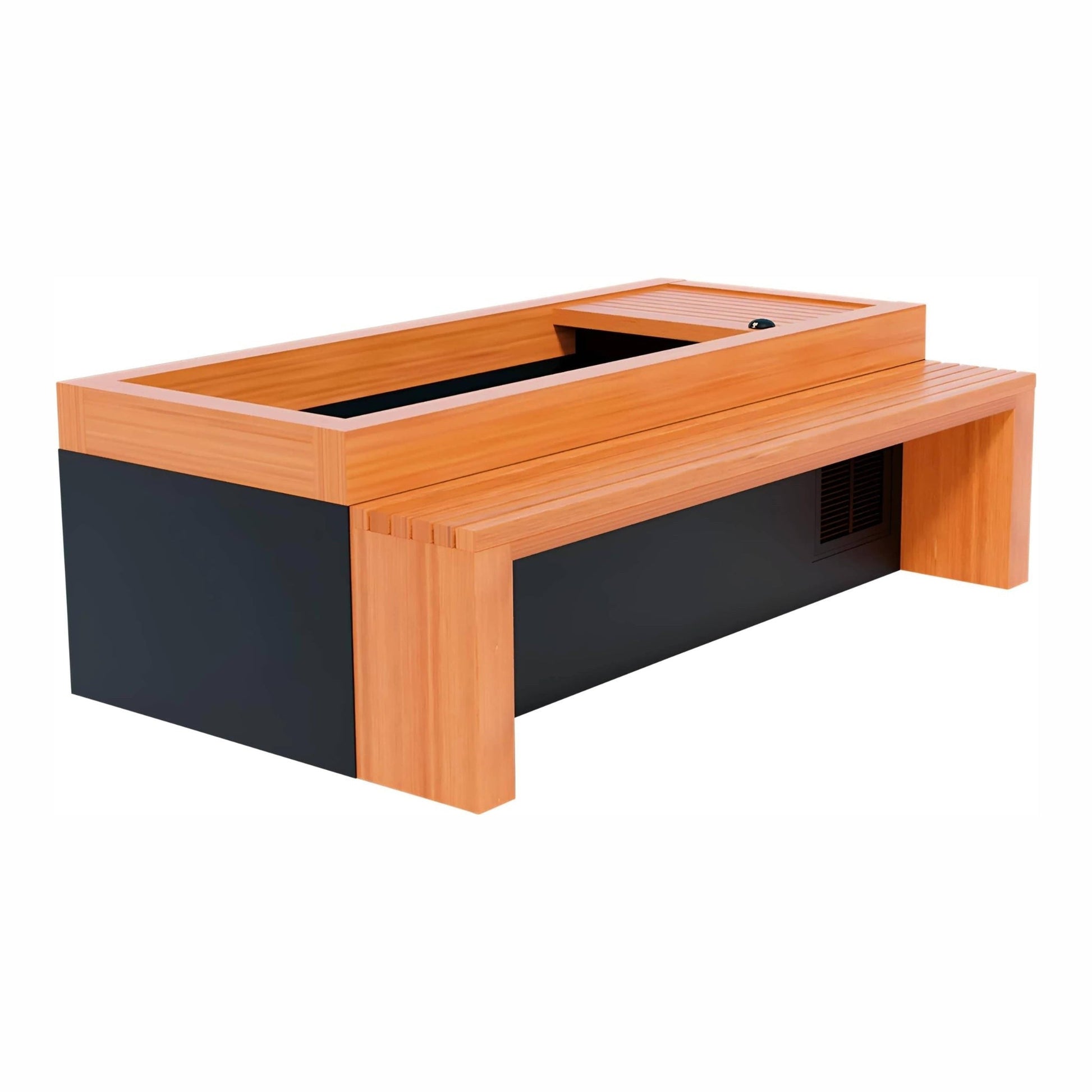 Modern outdoor furniture set featuring a rectangular wooden table with a black base and a built-in bench on one side.