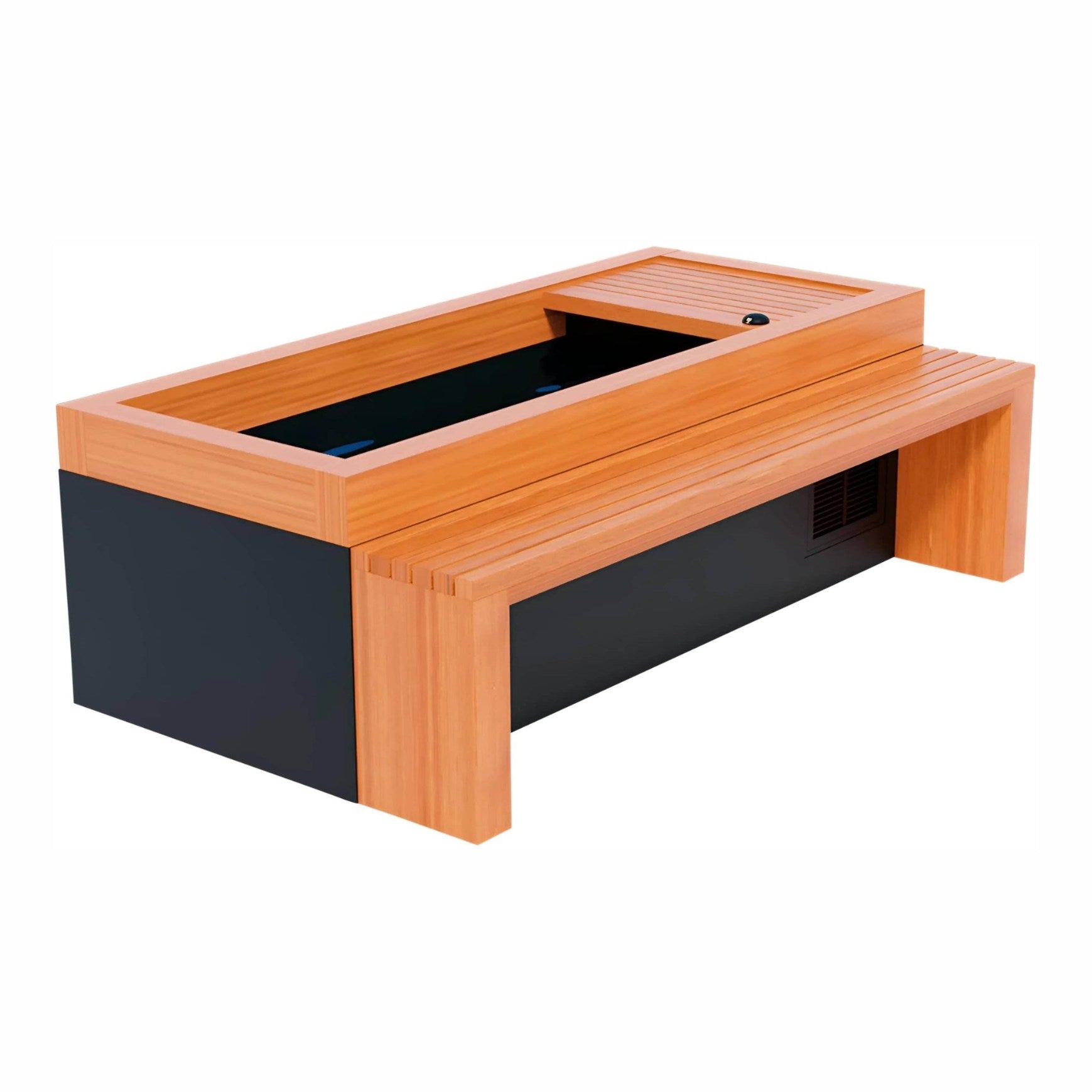 Modern outdoor coffee table with a sleek black base and a wooden top featuring a built-in cooler, designed for outdoor spaces.