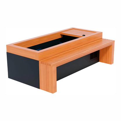 Modern outdoor coffee table with a sleek black base and a wooden top featuring a built-in cooler, designed for outdoor spaces.