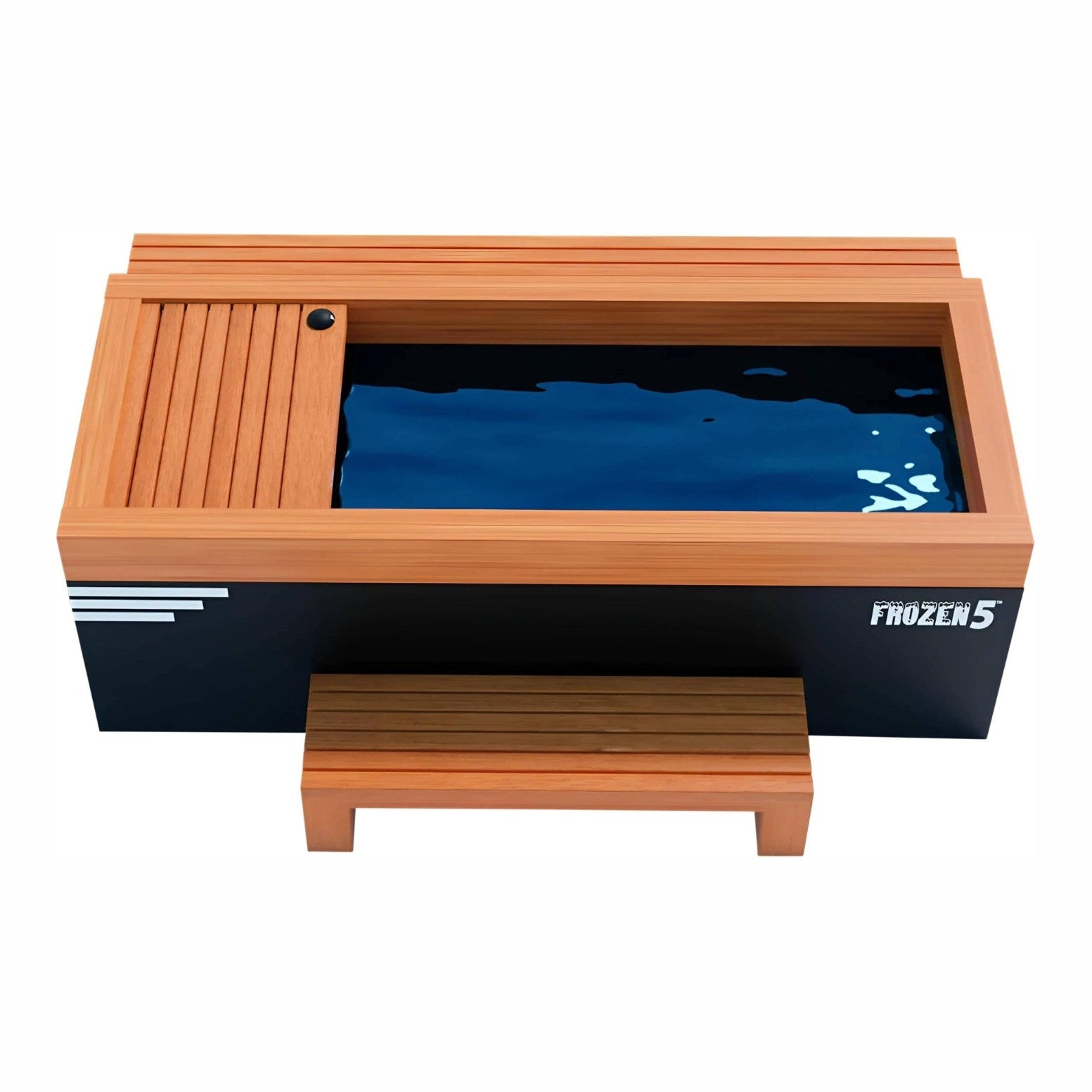 A top view of a modern, rectangular hot tub with a wooden exterior and a dark blue water surface, featuring a small wooden step in front, labeled 'FROZEN5' on the side.