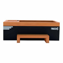 A modern wooden hot tub with a sleek black exterior and light wood accents, featuring a built-in bench and the text 'FROZEN 5' displayed on the side.