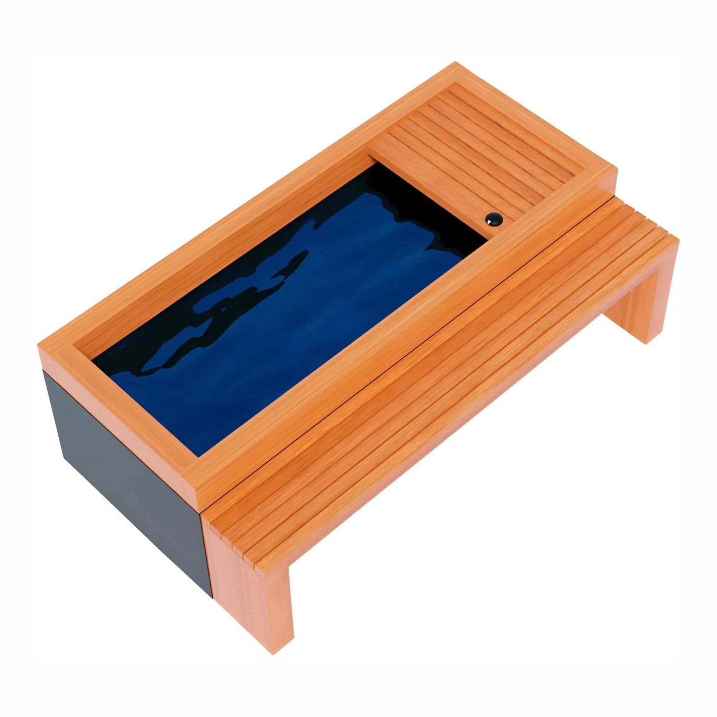 A modern wooden coffee table with a rectangular water feature on top, featuring a sleek design with a smooth surface and slatted accents.