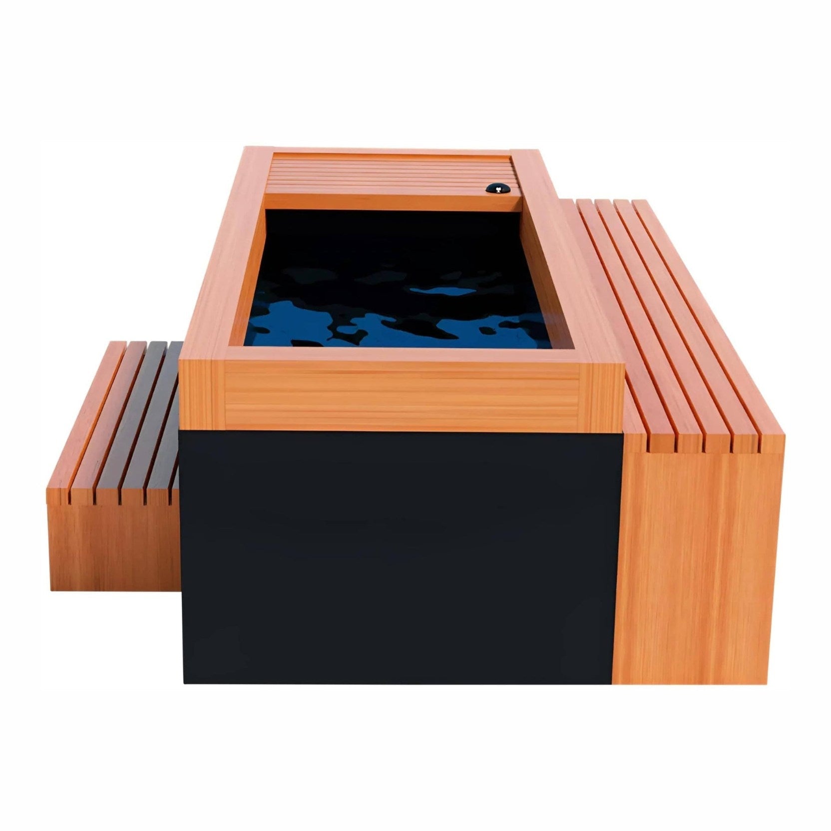 A modern wooden hot tub with a sleek black base and wooden slatted seating, featuring a dark water interior.