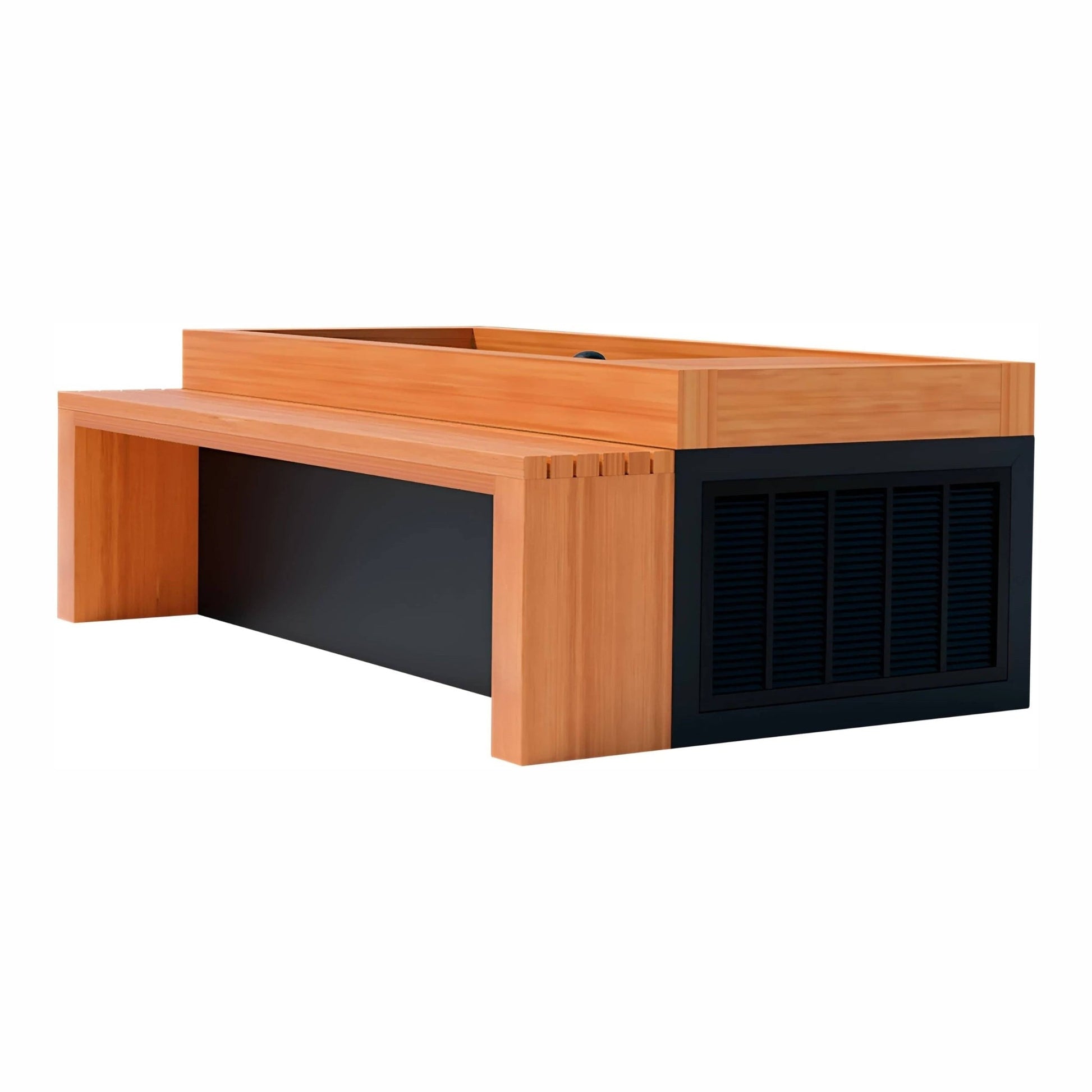Modern wooden bench with a rectangular design, featuring a light wood finish on the top and a black panel on the side, ideal for contemporary outdoor or indoor spaces.