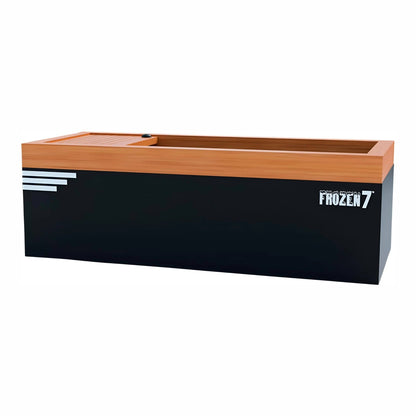 A black and wooden chest freezer labeled 'FROZEN 7', featuring a sleek design with a wooden top and a sliding lid.