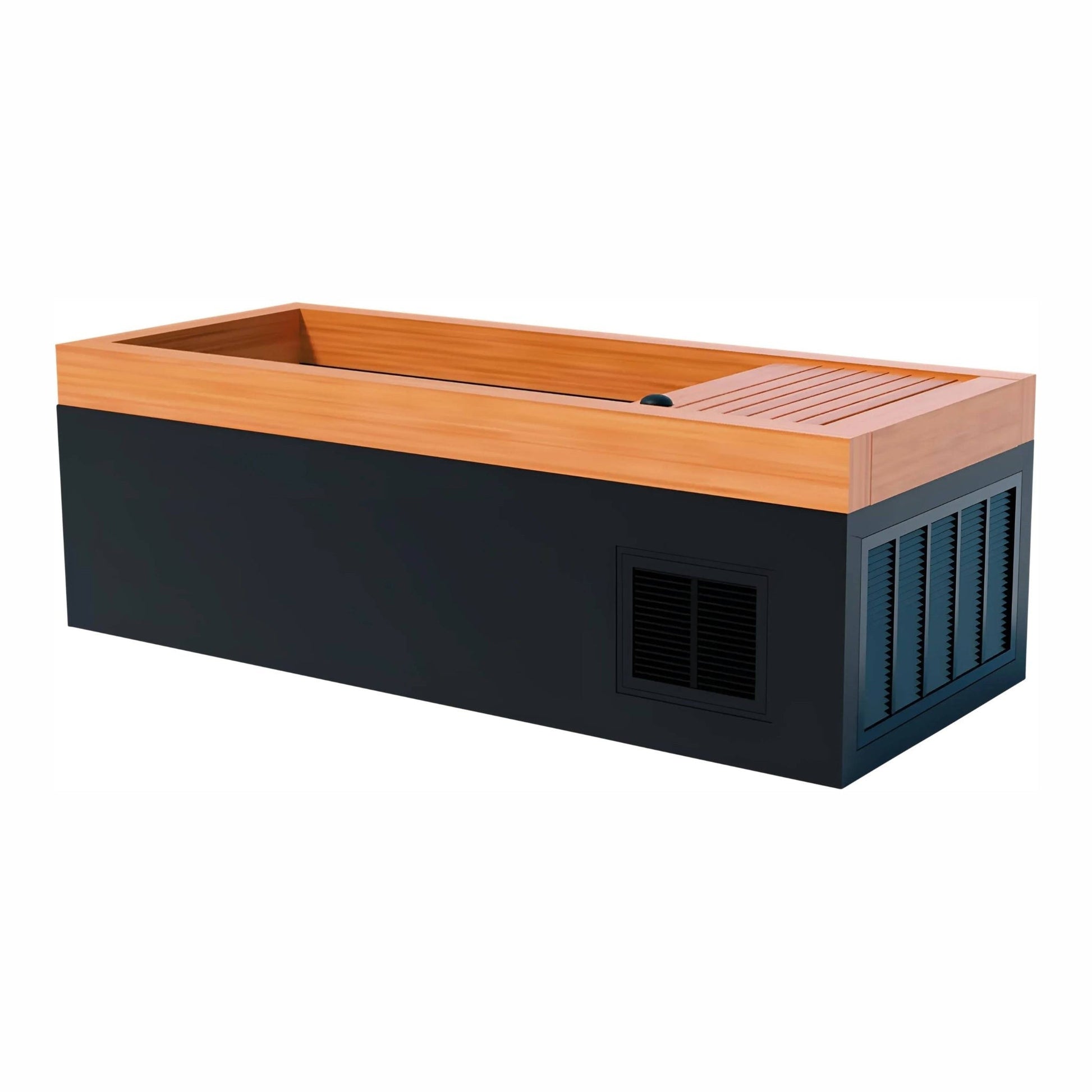 A modern rectangular hot tub featuring a wooden top and a sleek black base, designed for relaxation and outdoor enjoyment.