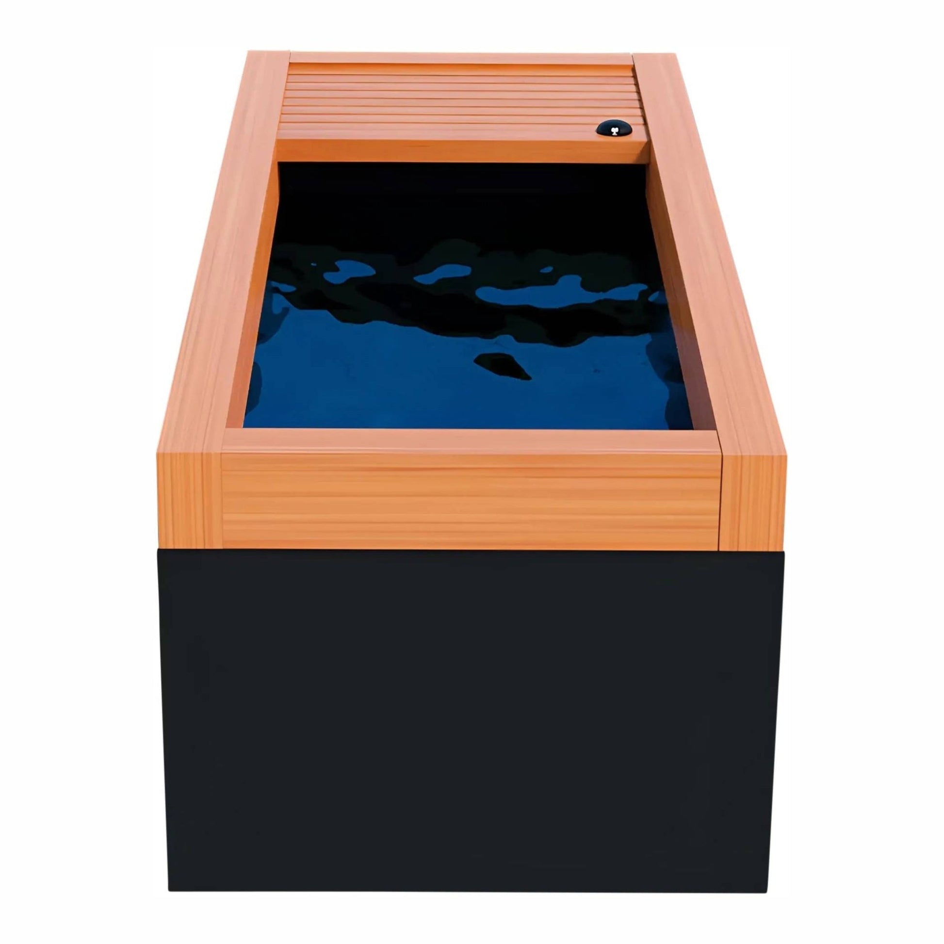 Modern rectangular hot tub with a wooden top and dark base, filled with water reflecting the surroundings.