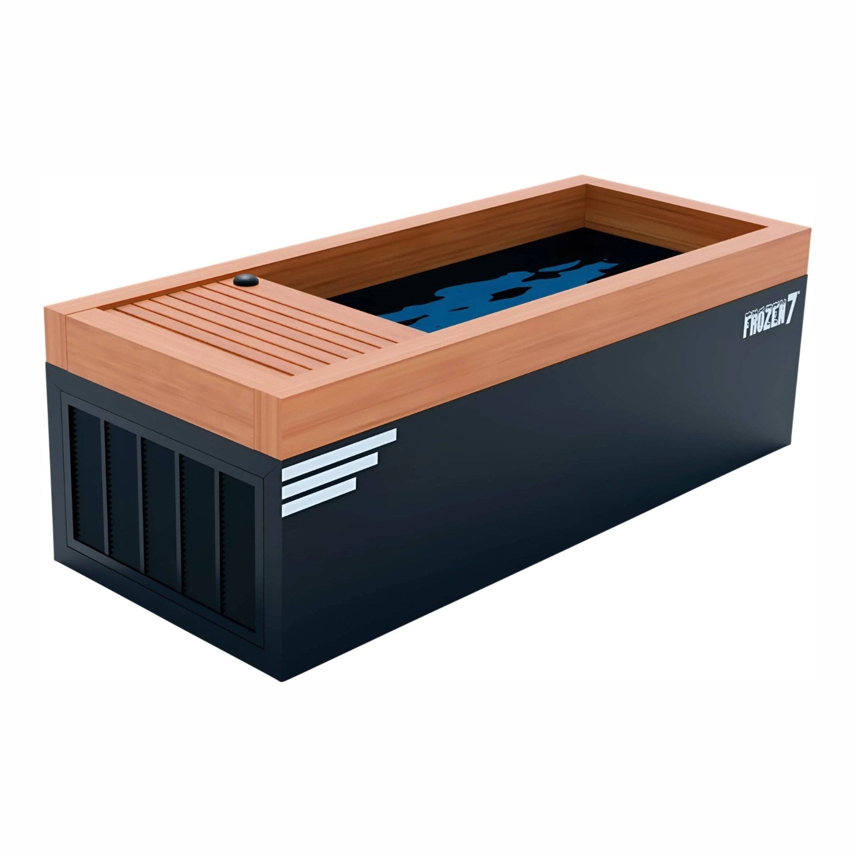 A sleek, modern frozen food display case with a wooden top and a black body, featuring a clear view of the blue interior, designed for showcasing frozen products.