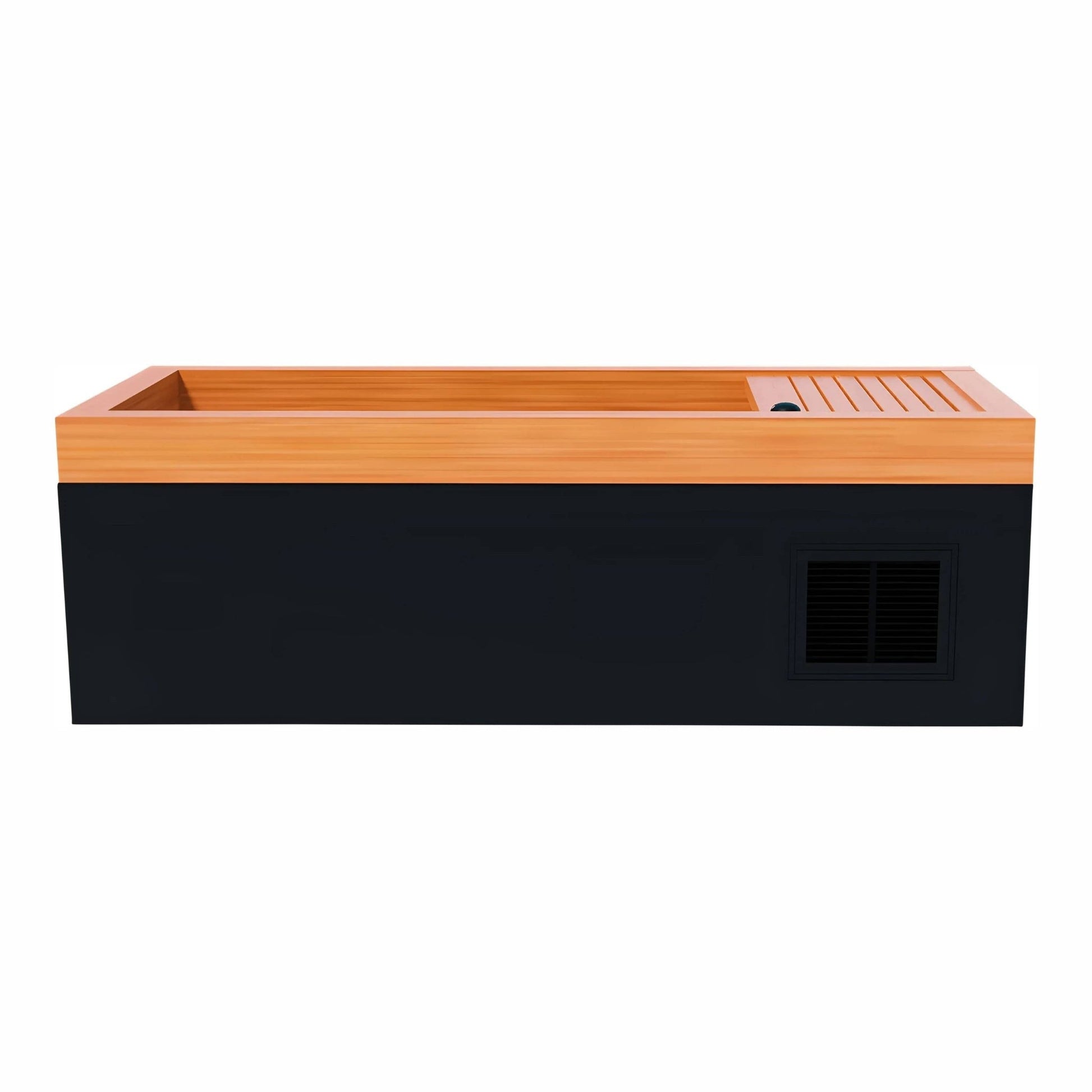 A modern rectangular hot tub with a wooden top and a sleek black base, featuring a ventilation grill on the side.