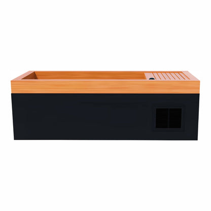 A modern rectangular hot tub with a wooden top and a sleek black base, featuring a ventilation grill on the side.