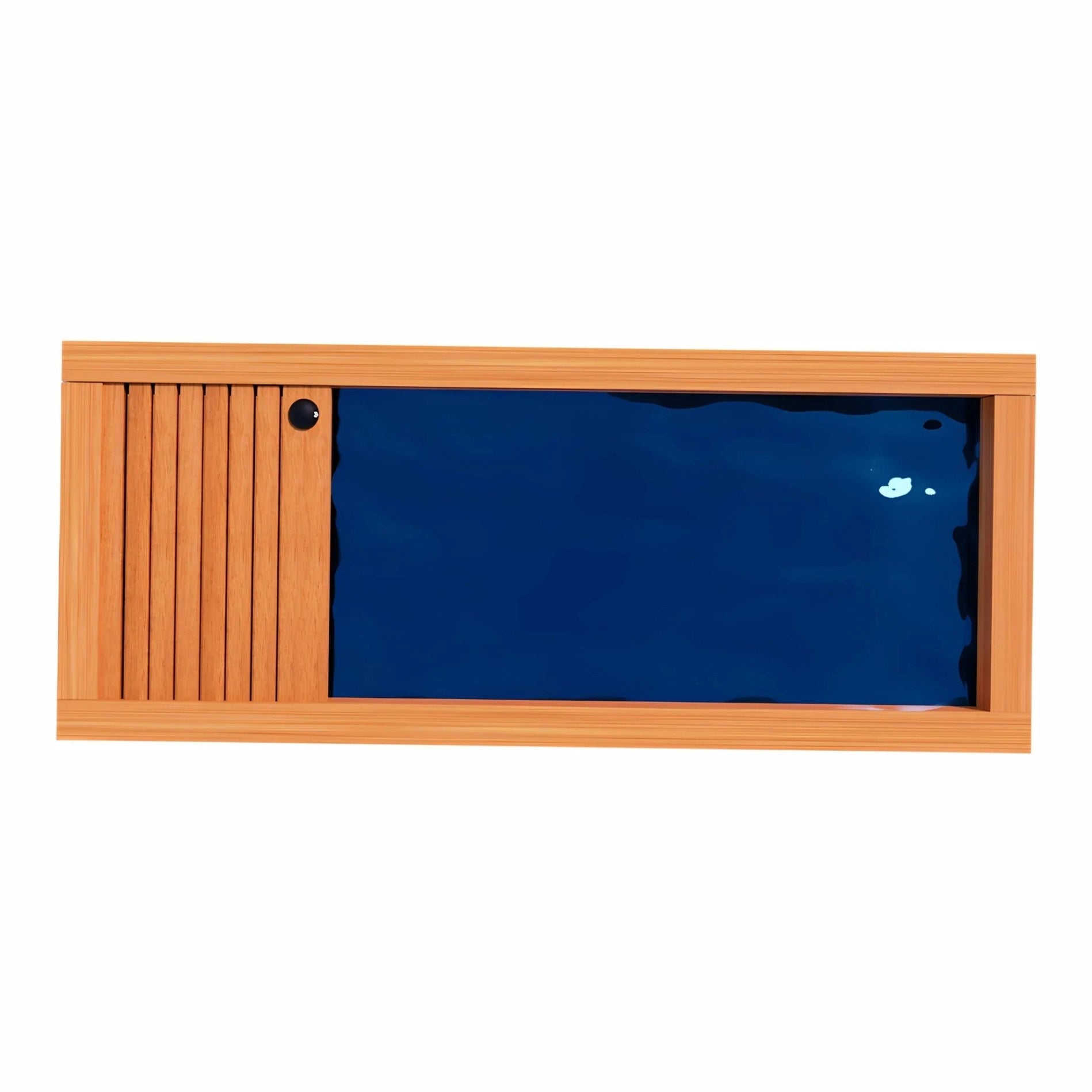 A top view of a rectangular swimming pool with a wooden frame, featuring a deep blue water surface and a slatted wooden side.