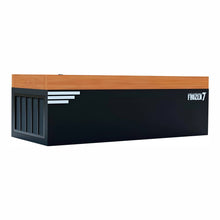Black and wooden chest freezer labeled 'FROZEN 7' with a sleek design and ventilation grilles on the front.