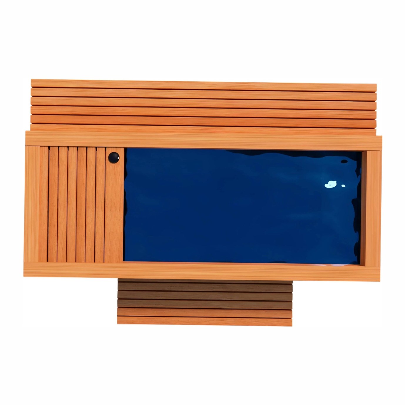 Top view of a modern rectangular swimming pool with a wooden deck, featuring horizontal and vertical wooden slats surrounding the blue water.