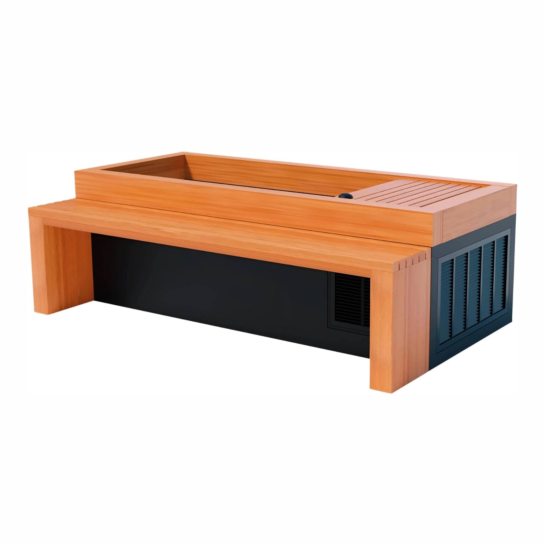 A modern, rectangular wooden coffee table with a sleek black base and a smooth, flat surface, designed for contemporary living spaces.