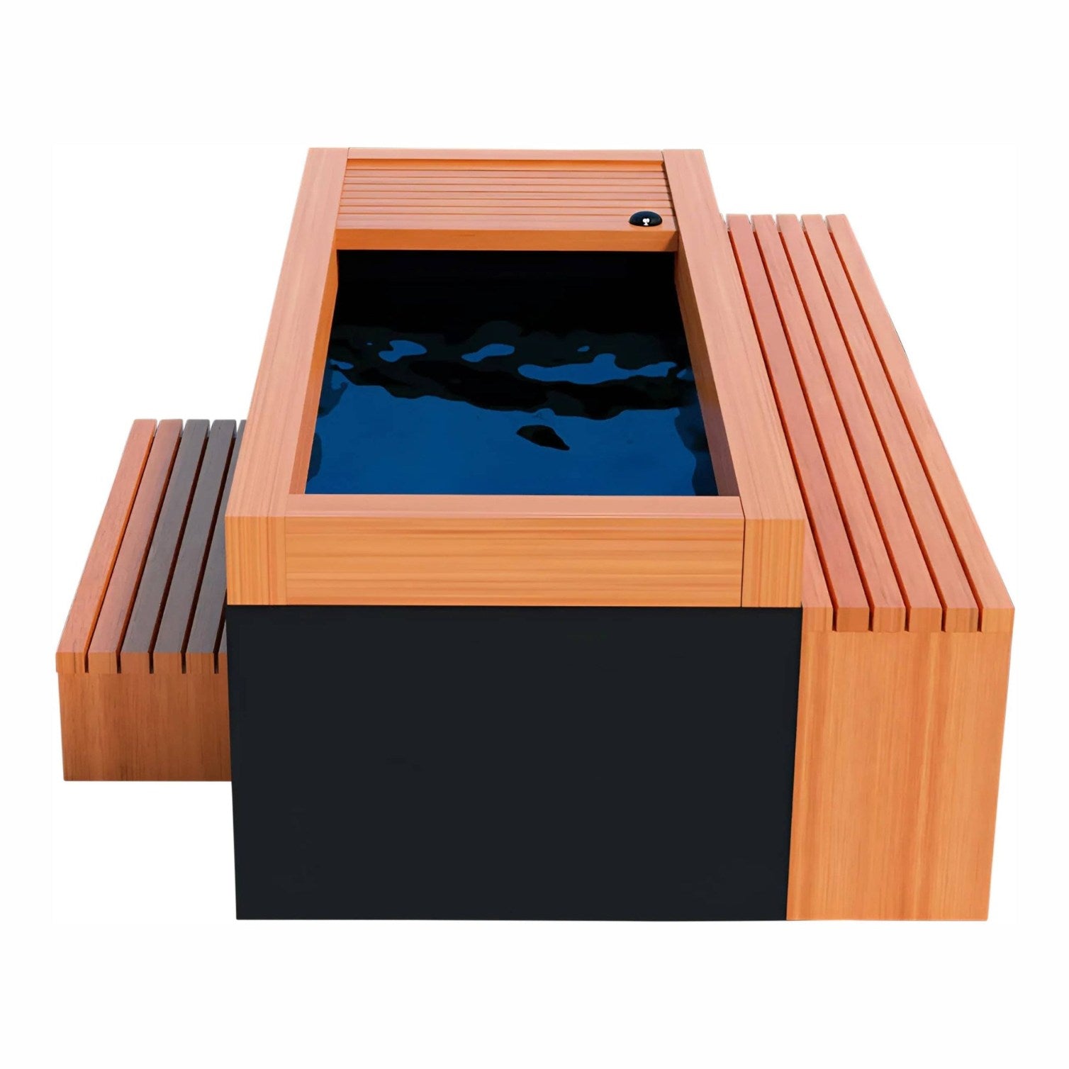 Modern wooden hot tub with a sleek design and dark water, featuring a wooden slatted edge and a side bench.
