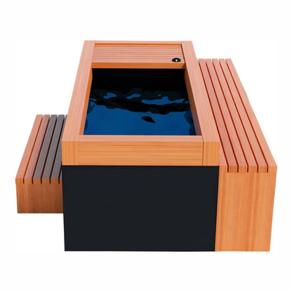 Modern wooden hot tub with a sleek design and dark water, featuring a wooden slatted edge and a side bench.