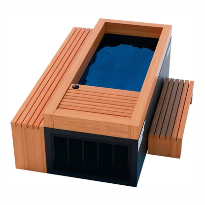 Modern wooden hot tub with a sleek design featuring a dark base and a large rectangular water basin, accompanied by wooden slatted seating on the side.