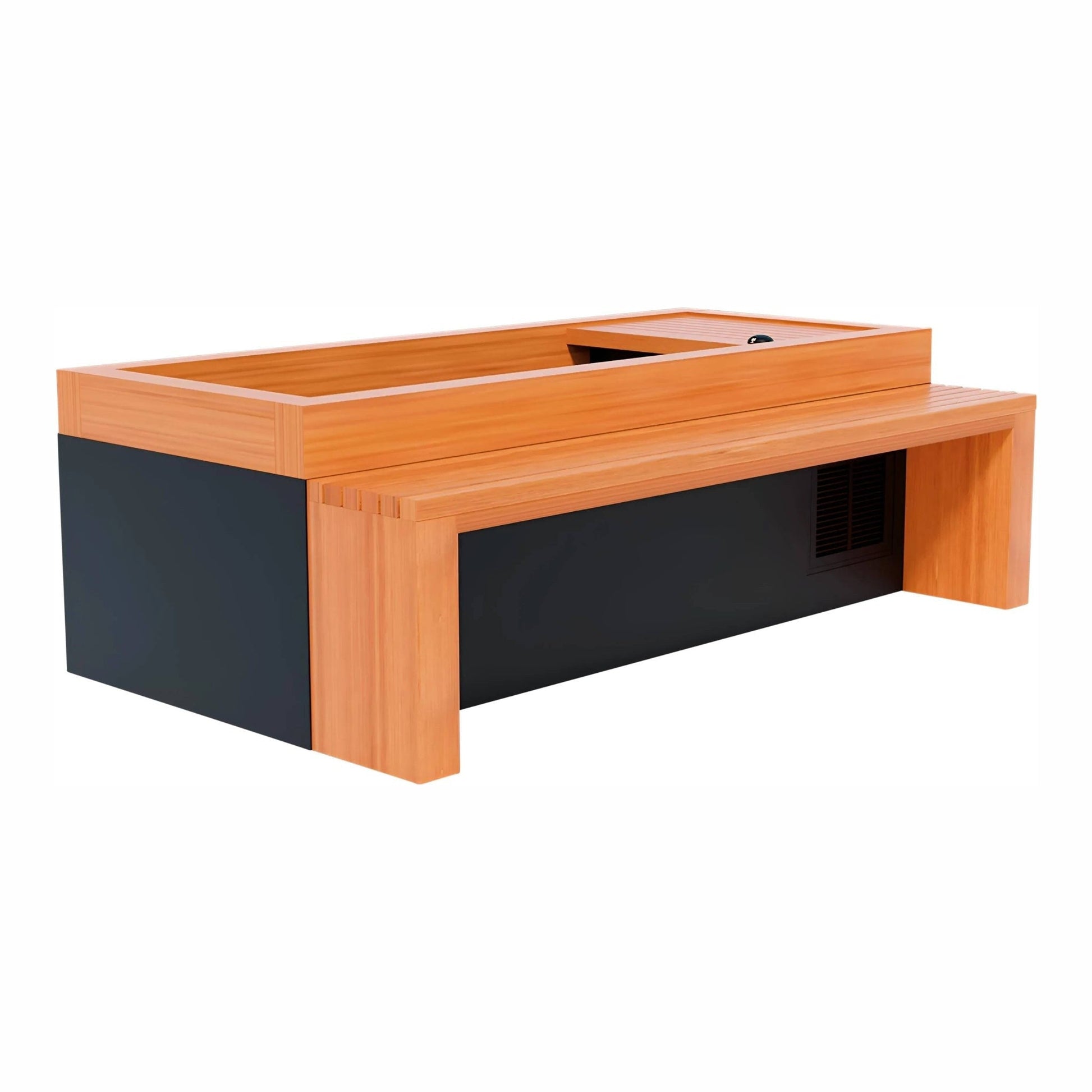 Modern wooden coffee table with a sleek black base and a minimalist design.