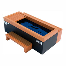 A modern wooden cold plunge tub with a sleek black exterior and a wooden bench, designed for relaxation and recovery.