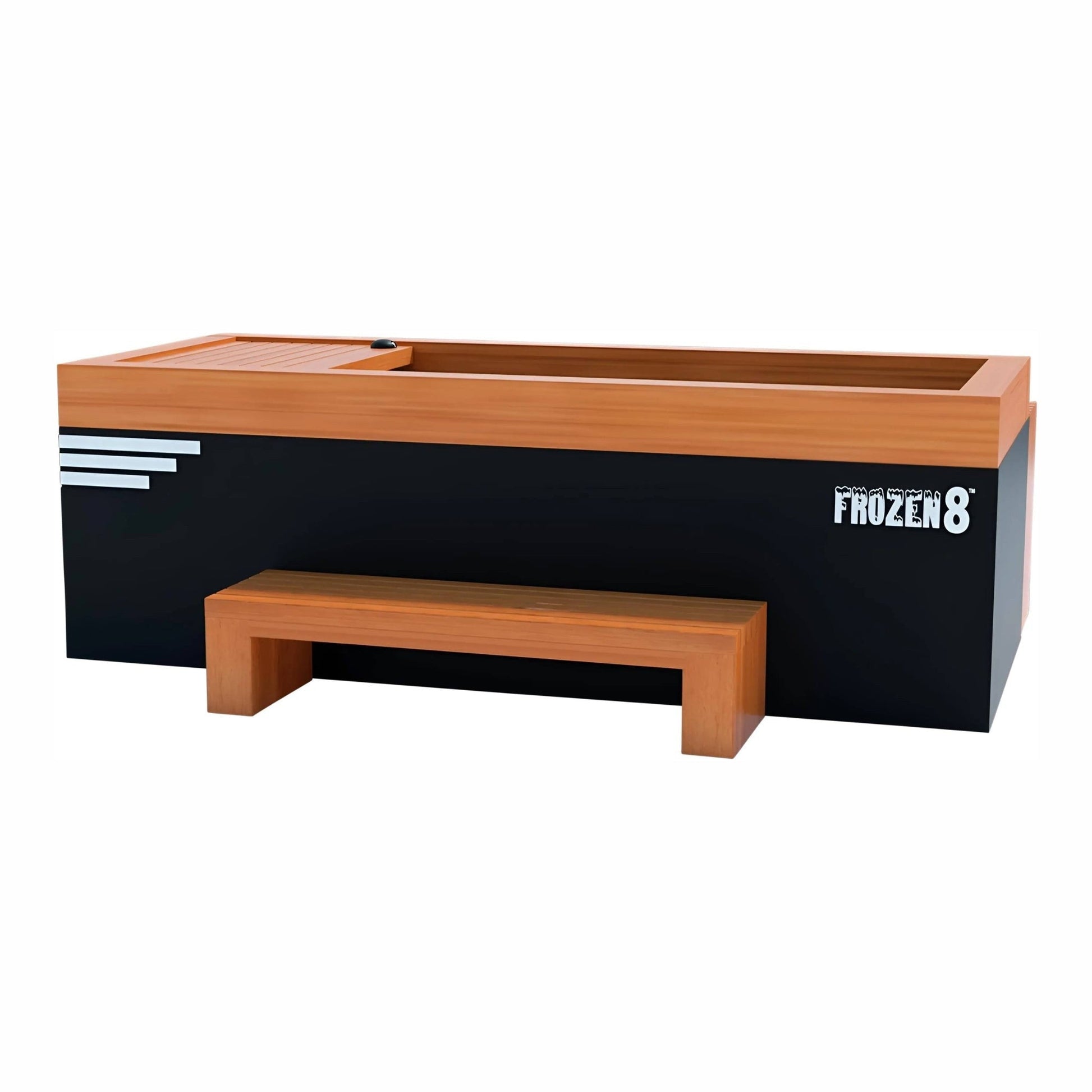 A modern black and wooden frozen bath tub with a wooden bench, featuring the brand name 'FROZEN8' displayed prominently.