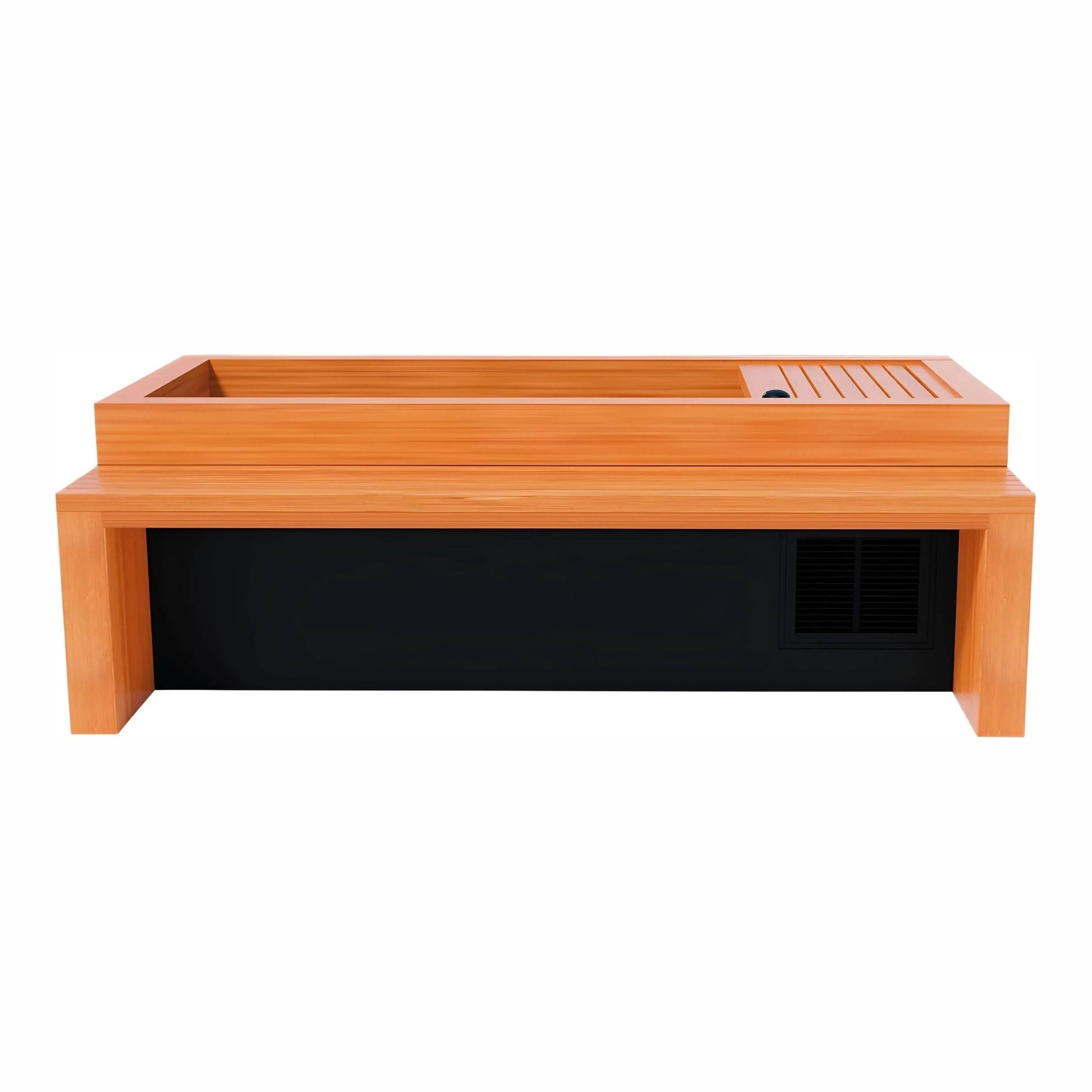 A modern wooden coffee table with a rectangular design, featuring a smooth light wood finish on the top and a contrasting black base. The table has a shallow compartment on one side with a slatted cover.
