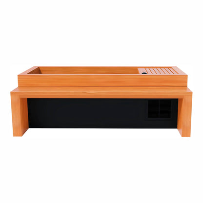 A modern wooden coffee table with a rectangular design, featuring a smooth light wood finish on the top and a contrasting black base. The table has a shallow compartment on one side with a slatted cover.