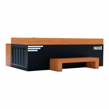 A sleek, modern frozen food display case with a wooden top and black body, featuring a bench attached to the side, labeled 'FROZEN 8'.