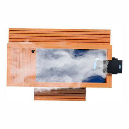 A top-down view of a wooden sauna with steam rising from a water surface, showcasing a modern heating unit on the side.