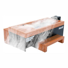 A modern, rectangular cold plunge tub with a wooden top and side benches, emitting steam, labeled FROZEN 9.