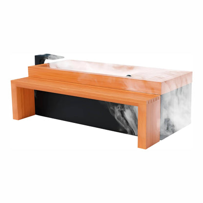 A modern wooden bathtub with a smooth surface, featuring a sleek black base and steam rising from the water, set against a white background.