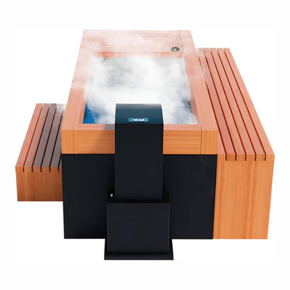 A modern hot tub with wooden paneling and steam rising from the water, featuring a sleek black control unit.