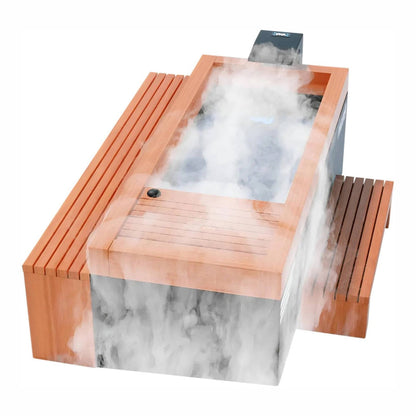 A modern hot tub with a wooden exterior and steam rising from the surface, featuring a sleek design and adjacent wooden benches.