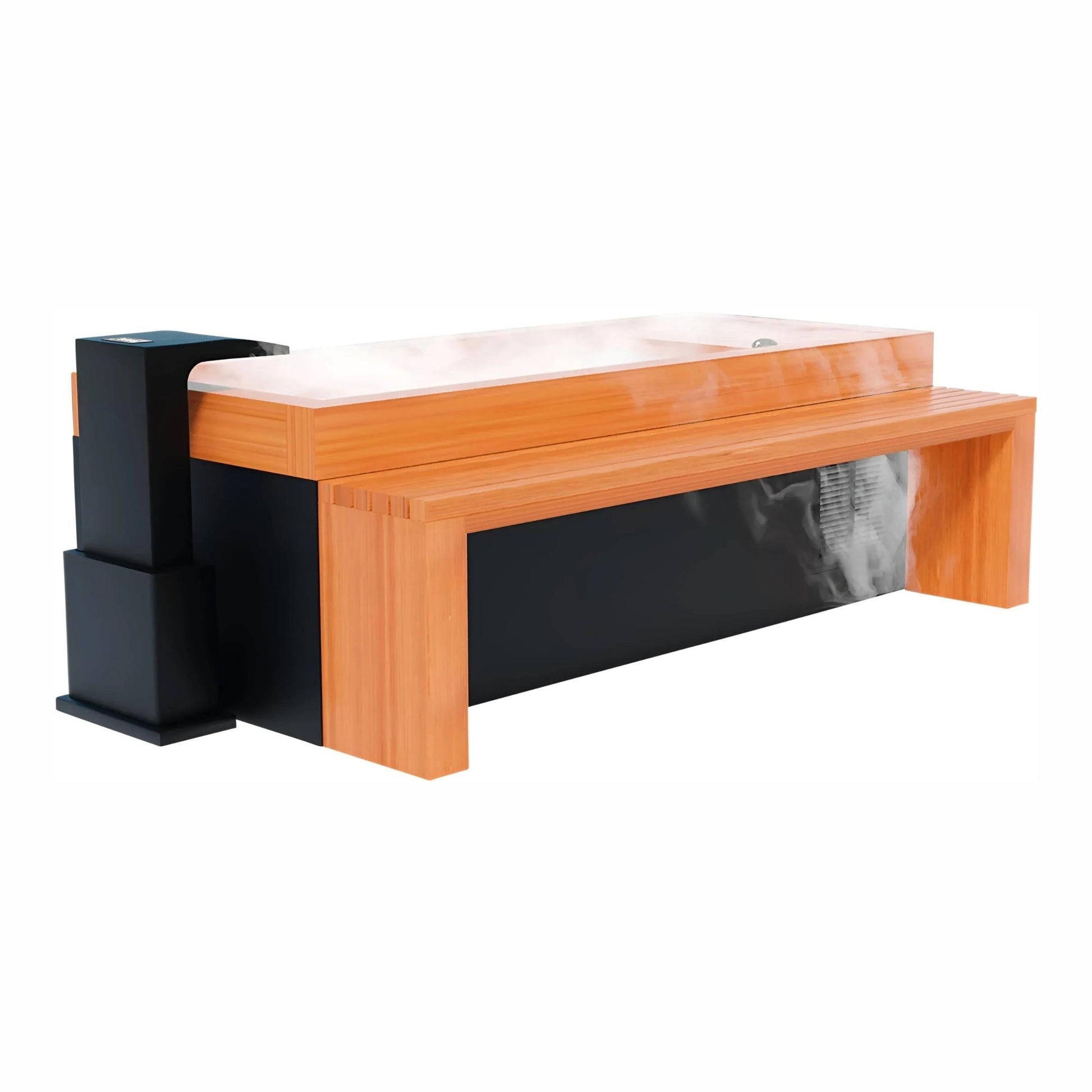A modern spa bathtub with a wooden frame and a sleek black base, featuring steam rising from the water surface, showcasing a contemporary design suitable for relaxation.