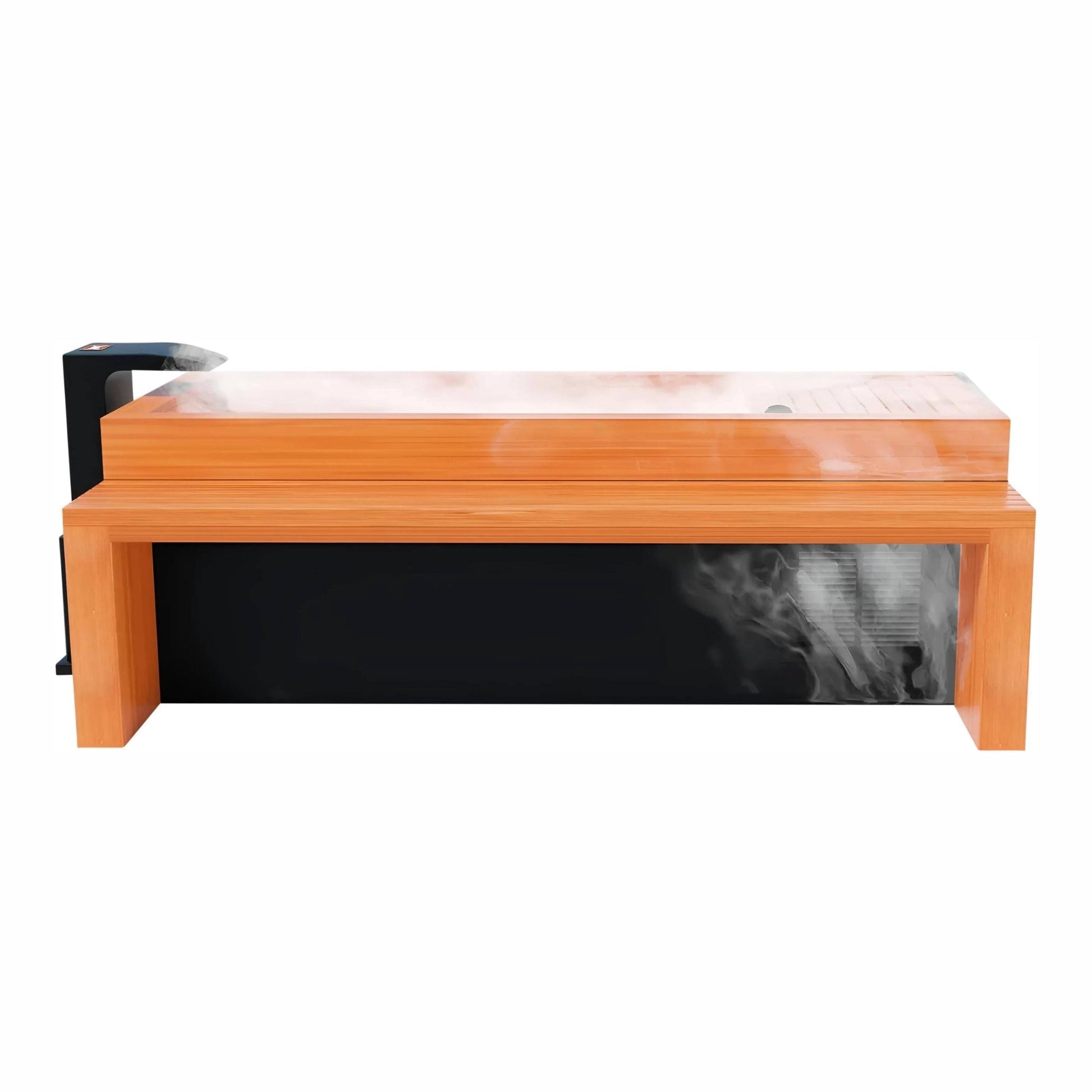 A wooden sauna bench with steam rising from the surface, showcasing a sleek design with a black base and a smooth, polished top.