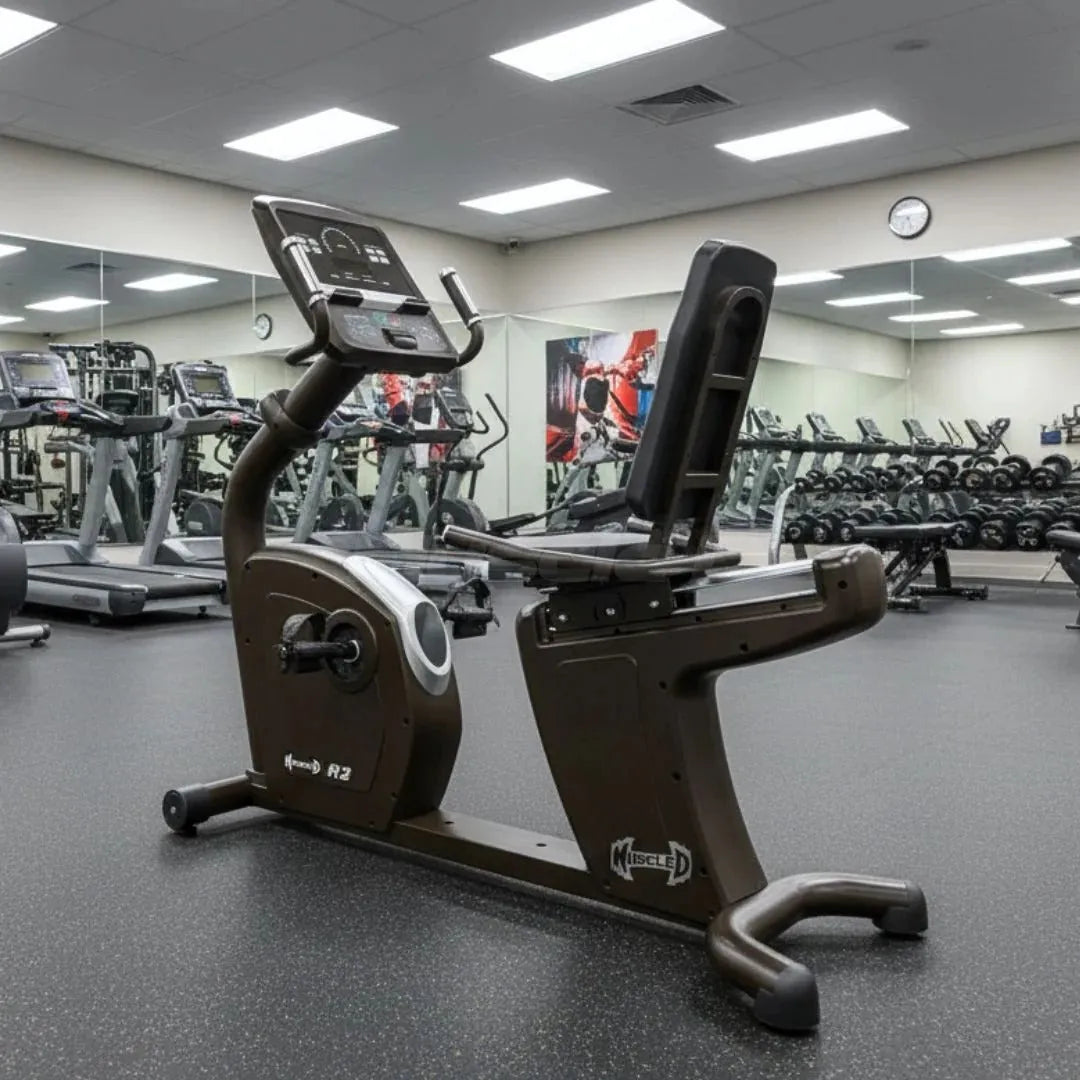 Black and silver commercial recumbent exercise bike with LED console and handlebar grips, positioned in a gym with cardio equipment and dumbbells visible in the background.