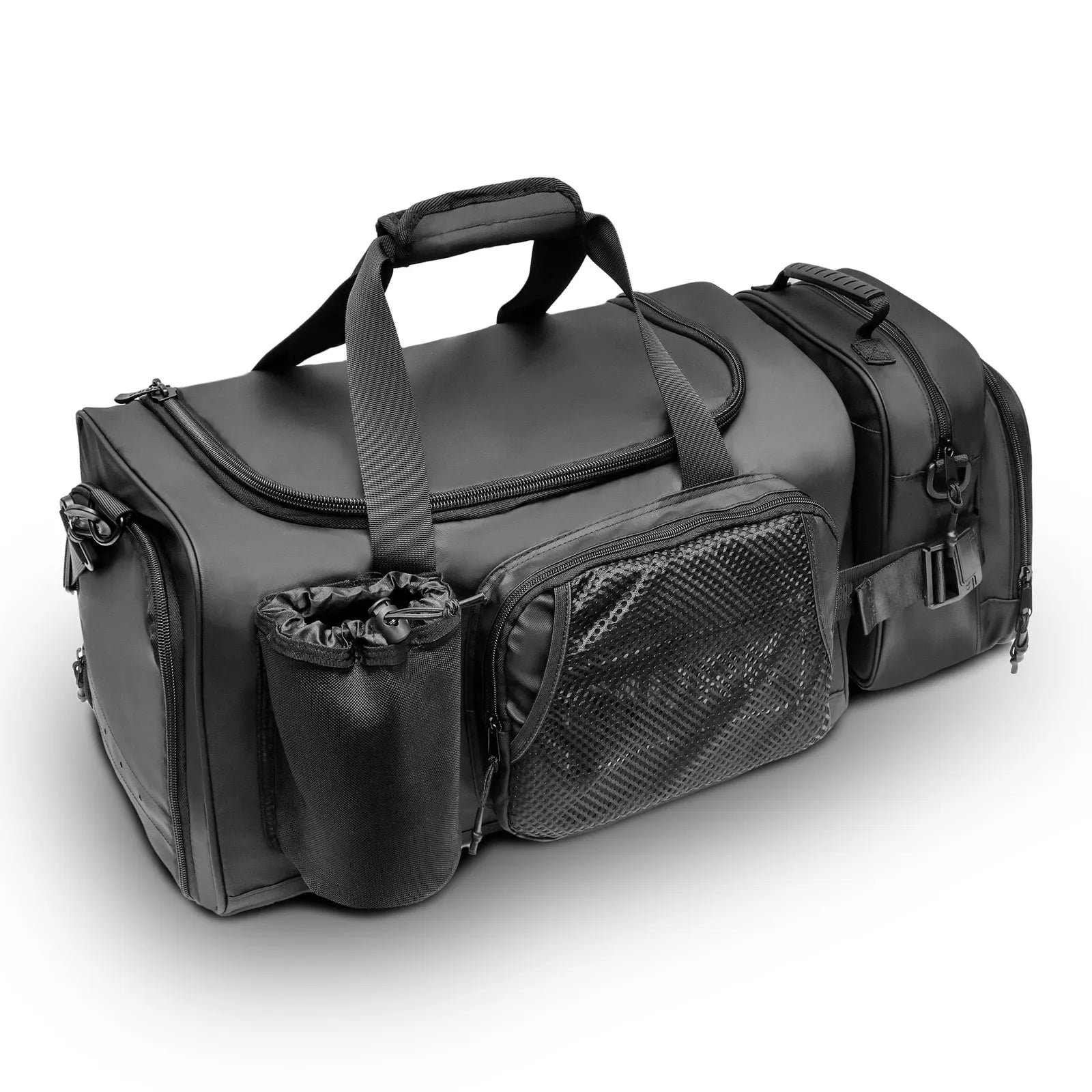 Black duffel bag with mesh pocket and side pouches.