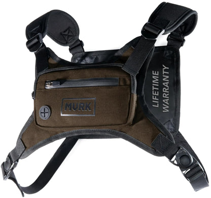 Brown tactical chest bag with MVRK logo, zip pocket and adjustable straps.