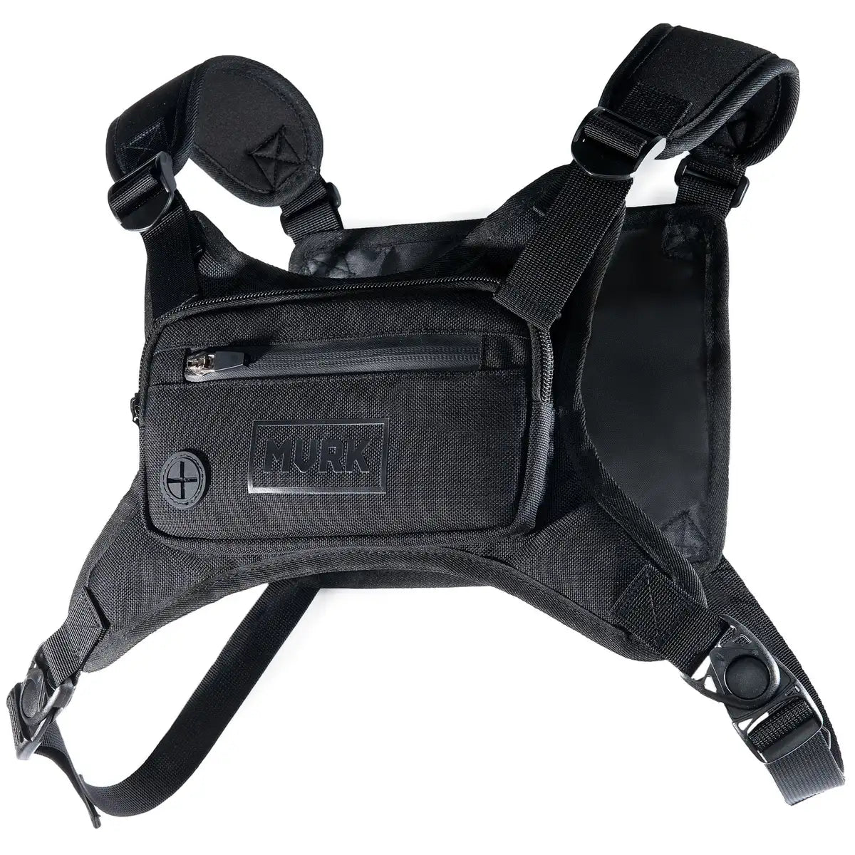 Black tactical vest with 'MVRK' branding on a white background
