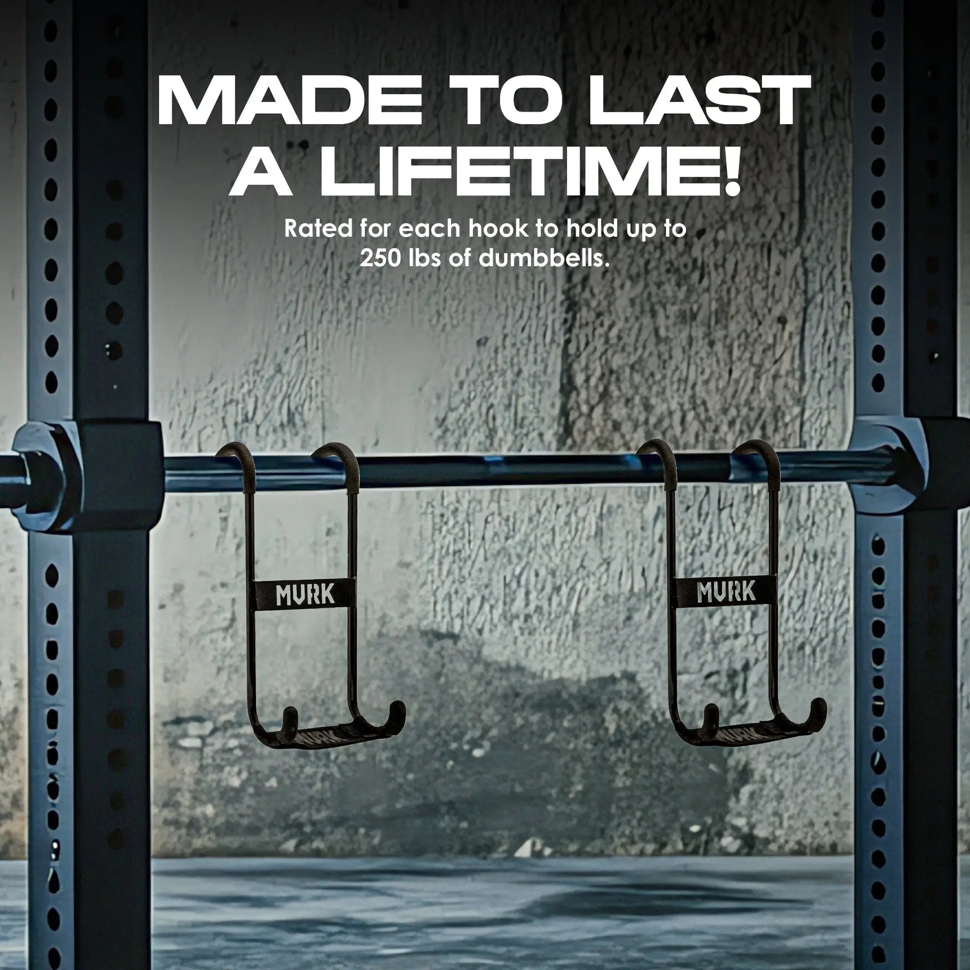 Two hooks labeled “MVRK” on a squat rack in a gym setting.