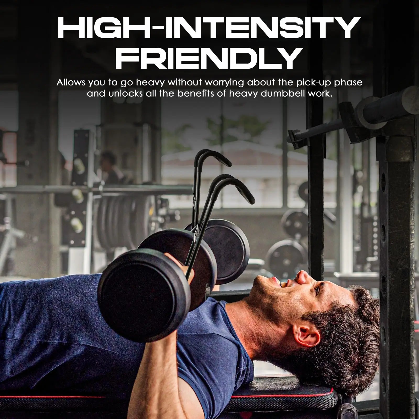 Man performing dumbbell bench press in a gym; "High-Intensity Friendly" banner.