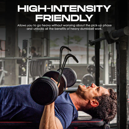 Man performing dumbbell bench press in a gym; "High-Intensity Friendly" banner.