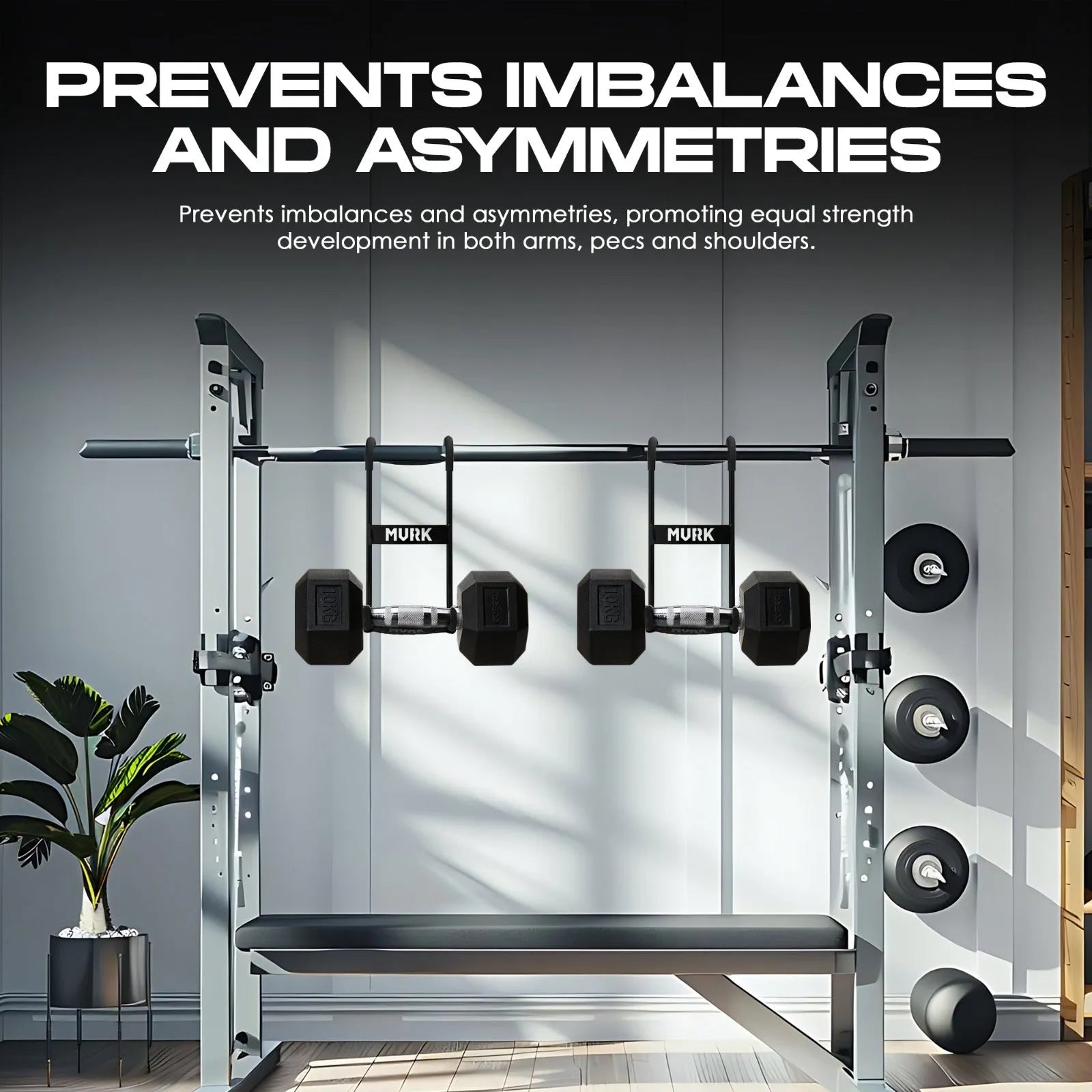 Home gym setup with a power rack, dumbbells, and plates; promotes balance.